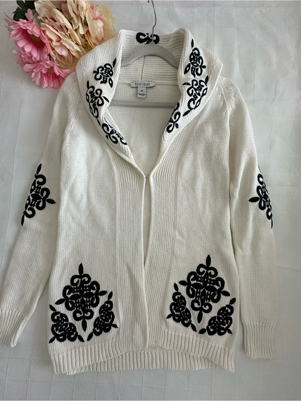 White House Black Market Cream Cardigan with Black Embroidery